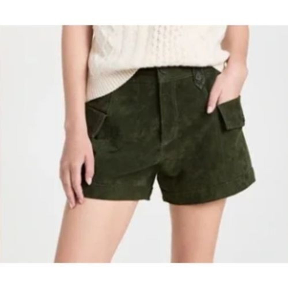 Blank NYC Crocodile Tears Women 32 Olive Green Suede Leather Cargo Shorts Casual
